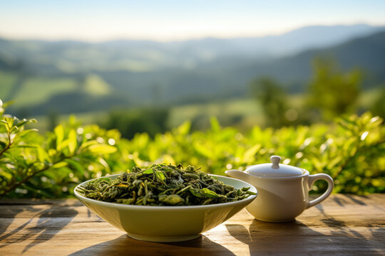 Teapot and glass on a wooden table, Tea background.