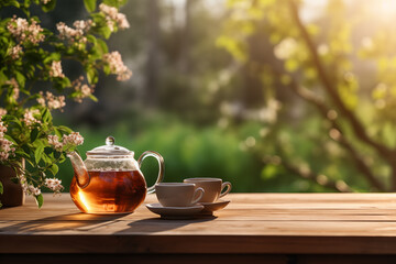 Teapot and glass on a wooden table, Tea background.