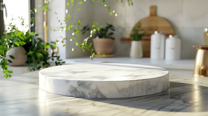 Marble podium on kitchen table with space for product display : Generative AI