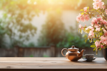 Teapot and glass on a wooden table, Tea background.