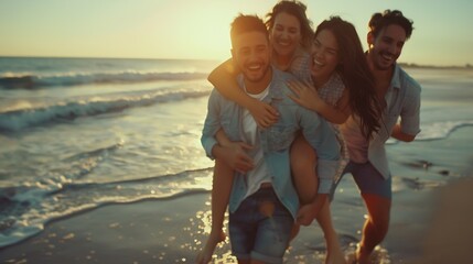Group of friends walking along the beach with men giving piggyback ride to girlfriends Happy young friends enjoying a day at beach : Generative AI