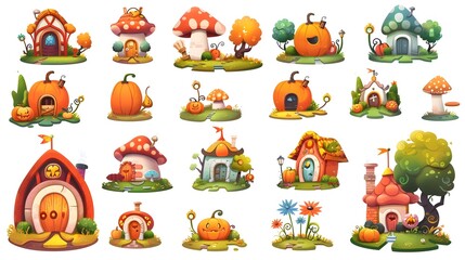 Whimsical Autumnal Fairy Tale Landscape with Mushroom Houses and Pumpkin Decor
