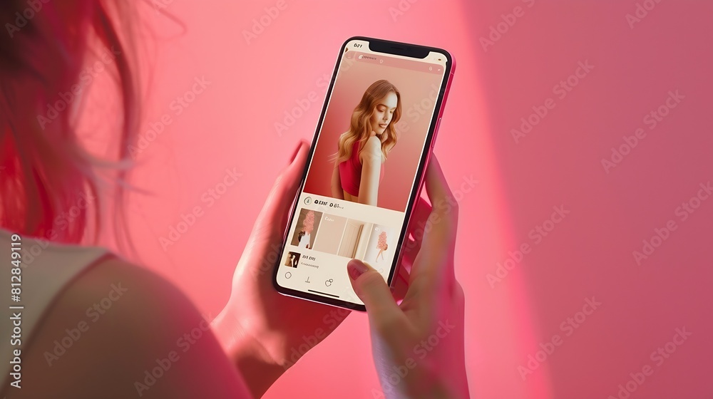 Poster Mockup for social media user page with photo feed on mobile phone : Generative AI