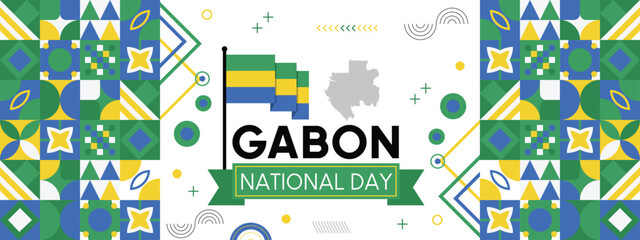 Gabon national or independence day banner for country celebration. Flag and map of Gabon Modern retro design with typorgaphy abstract geometric icons.
