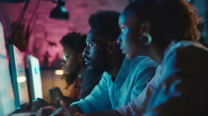 diverse team of professionals engaged in a website graphic design board meeting sharing opinions on UX and UI design elements Asian man African American people black afro caucasian fem : Generative AI