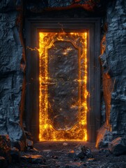 Fototapeta premium A door opens in the darkness, a golden door, glowing,Golden Gateway: Illuminated Door to Mystical Dimensions. 4K High-Definition Wallpaper.