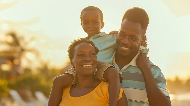 Parents carrying son on shoulders on beach vacation African family of mother and father carrying son on his shoulders on vacation : Generative AI