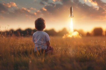 Rear view of a young boy sitting in a field, gazing at a launching rocket against a stunning sunset sky - Powered by Adobe