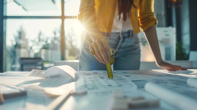 business architecture building and construction concept  architect woman with compass measuring blueprint of living house at office : Generative AI - Powered by Adobe