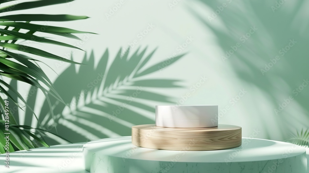 Poster cosmetics product advertising stand exhibition wooden podium on green background with palm leaves an