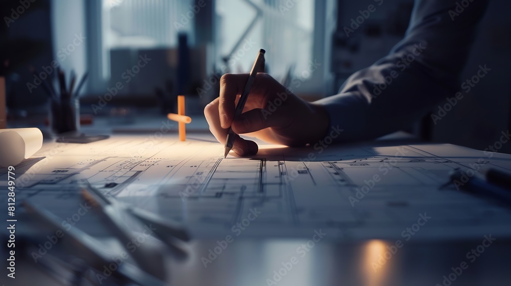 Poster Interior architecture discussing with blueprint Engineering Concept : Generative AI