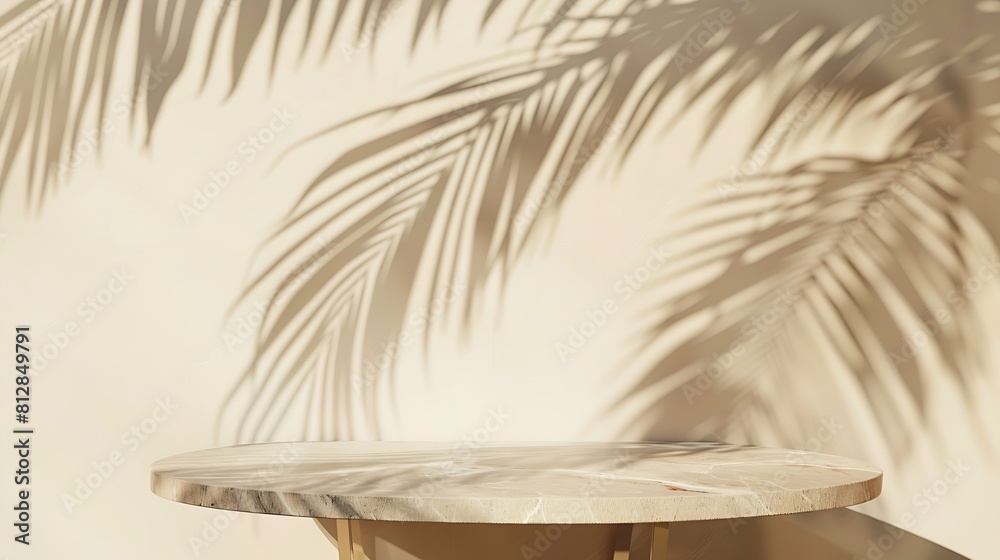 Aufkleber tropical palm tree shadow on cream wall and luxury marble table for product placement natural layout
