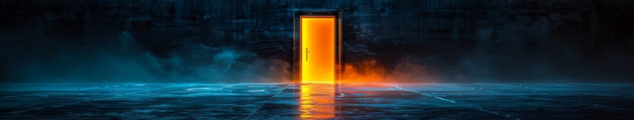 A door opens in the darkness, a golden door, glowing,Golden Gateway: Illuminated Door to Mystical Dimensions. 4K High-Definition Wallpaper.