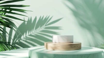 Cosmetics product advertising stand Exhibition wooden podium on green background with palm leaves and shadows Empty pedestal to display product packaging Mockup : Generative AI