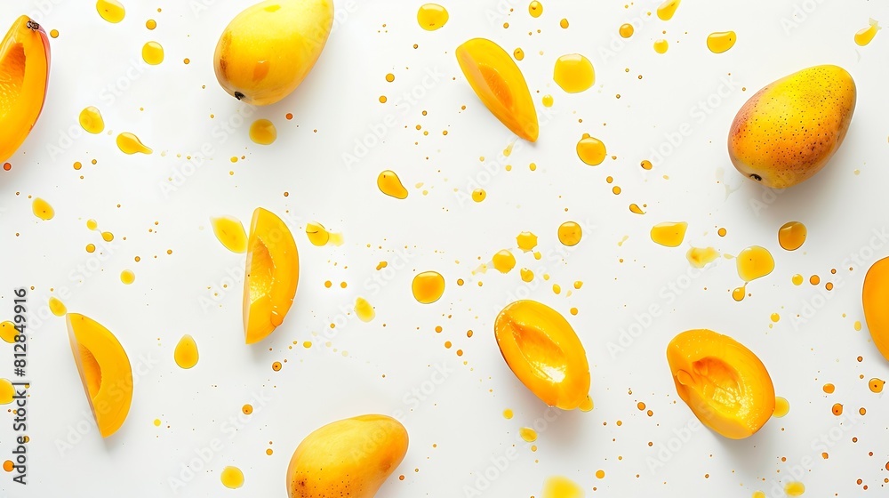 Poster creative layout made of mango with watercolor spots on the white background flat lay food concept : 