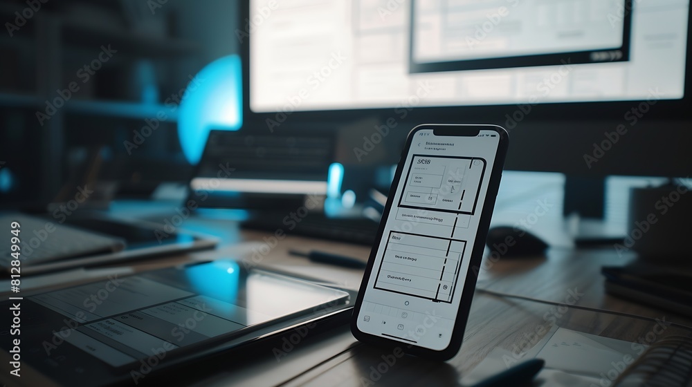 Aufkleber UX UI design process for modish mobile application and website  Creative prototype of wireframe for professional app developer : Generative AI