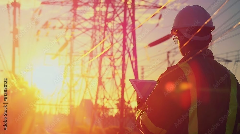 Poster technology concept with high voltage power lines electrical engineer helmet digital tablet sunset po