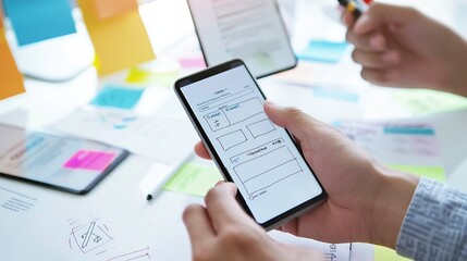 Team of Creative Web Graphic Designer planning drawing website ux app for mobile phone application and development template layout process to developing prototype wireframe User experi : Generative AI