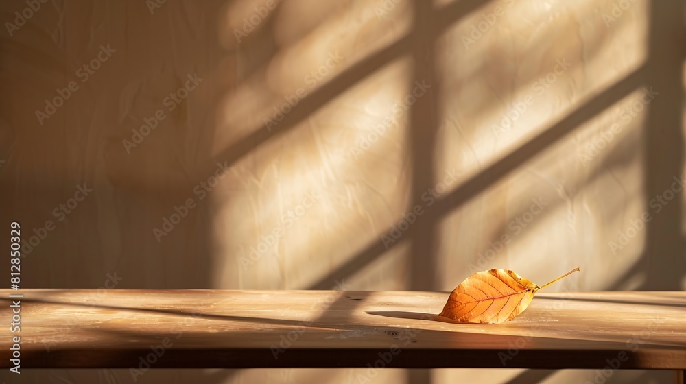 Poster a minimalist autumn landing on a brown table and shadows on the wall : generative ai