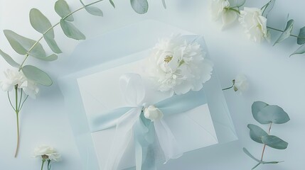Invitation or greeting card mockup with envelope gift box and white peony flowers and eucalyptus twigs : Generative AI