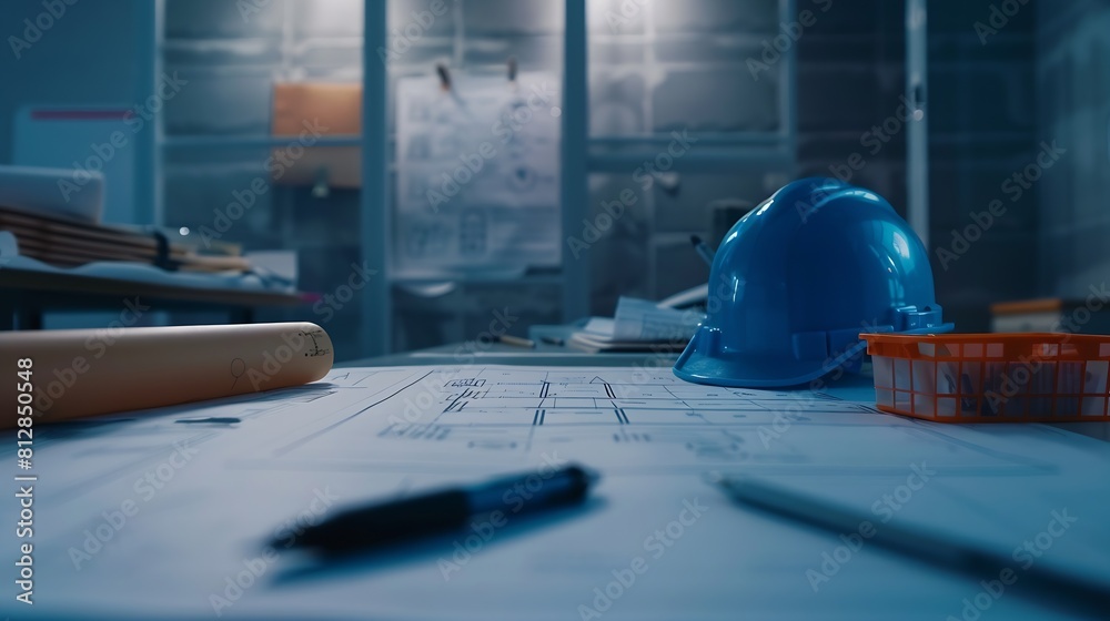 Leinwandbilder Architectural designed building blueprint layout and engineer tool for designing blueprint with contractor project document on engineer workspace table in office with safety helmet or  : Generative AI
