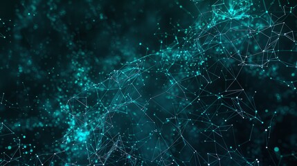 Abstract blue green technology background with a cyber network grid and connected particles. Artificial neurons, global data connections - Generative AI hyper realistic 