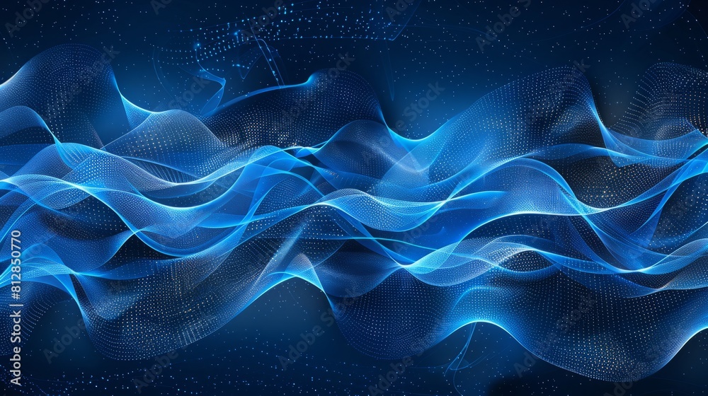 Poster abstract blue tech background with digital waves, dynamic network system, artificial neural connecti
