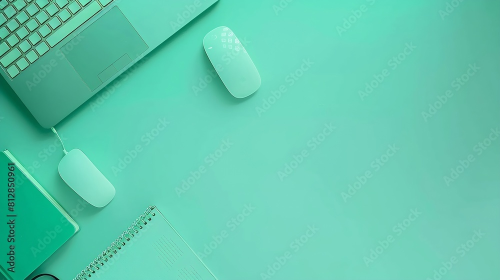 Leinwandbilder Minimal work space  Creative flat lay photo of workspace desk Top view office desk with keyboard mouse and book on pastel green color background Top view with copy space flat lay photo : Generative AI