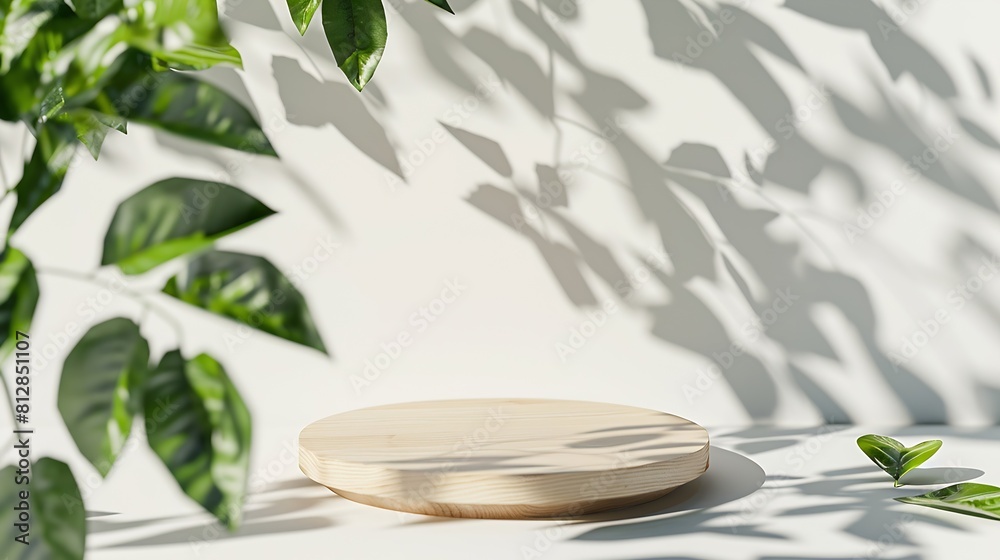 Poster natural round wooden stand for presentation and exhibitions on white background with shadow mock up 