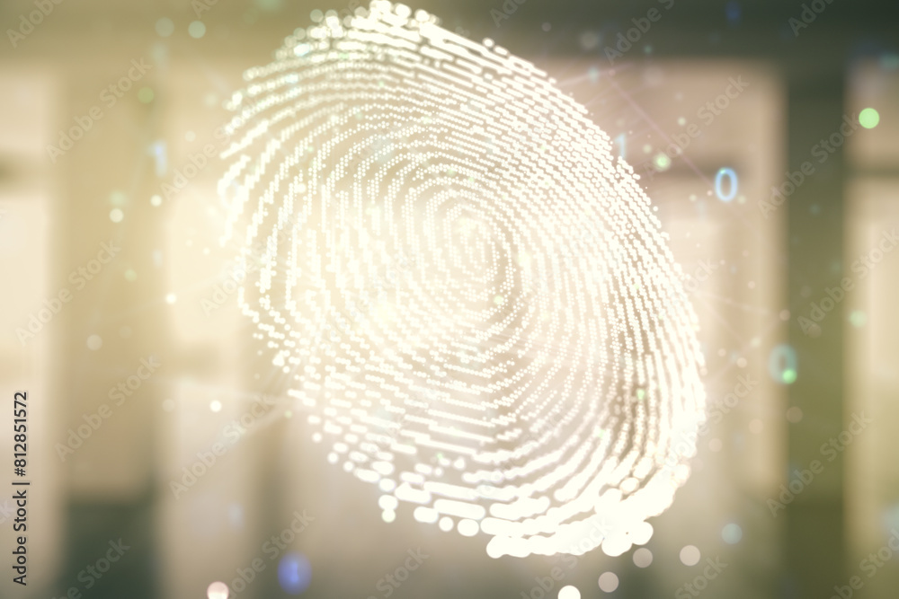 Aufkleber Multi exposure of virtual graphic fingerprint sketch on empty classroom background, fingerprint scan data concept