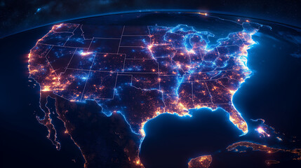 The map of United States of America seen from the space at night, illuminated with city lights showing the volume of electricity usage in the country