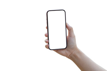 woman hand holding modern smartphone mockup. with blank white screen. Isolated on a white background with a clipping path