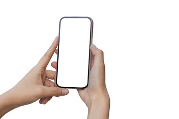woman hand holding modern smartphone mockup. with blank white screen. Isolated on a white background with a clipping path