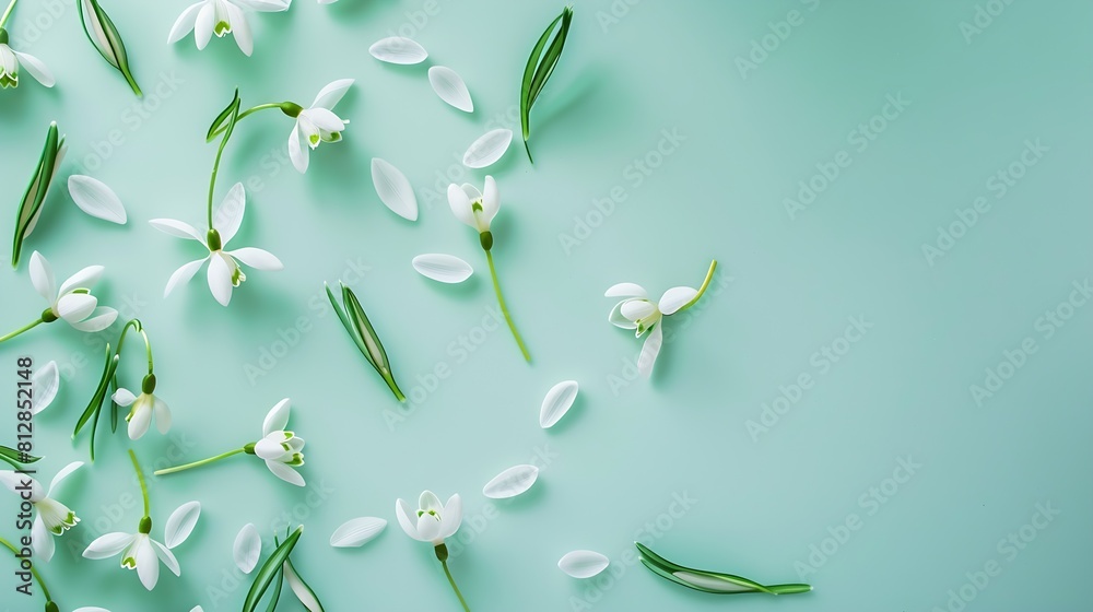 Aufkleber creative layout made with snowdrop flowers on bright background flat lay spring minimal concept : ge