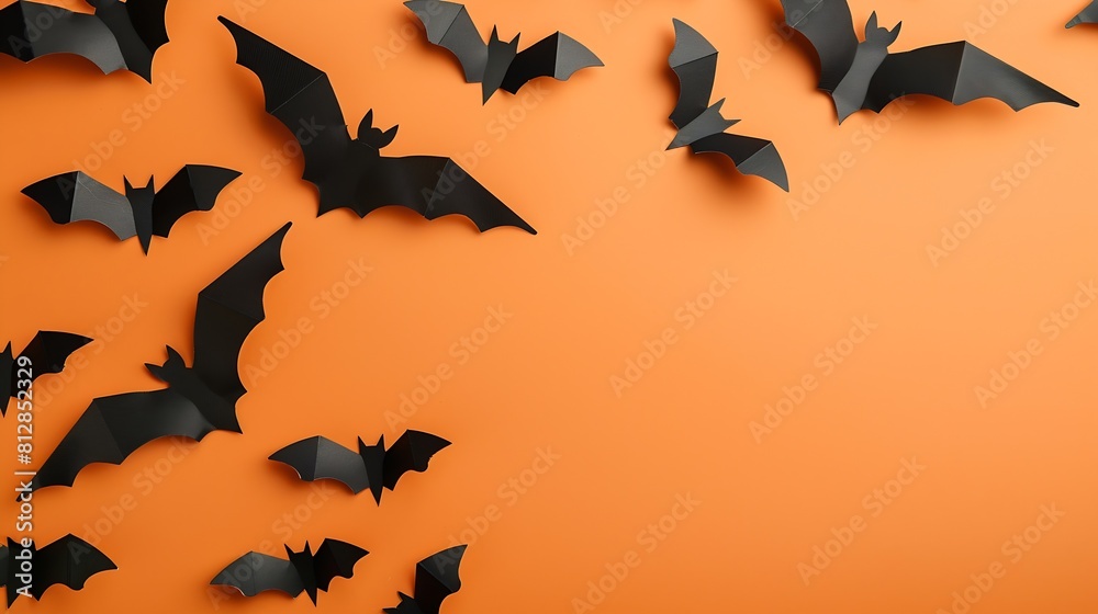 Poster halloween card with black bats on orange background banner for congratulations or invitation flat la