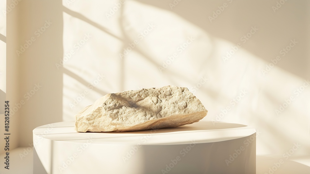 Poster beige concept product display podium rock stone with blurred background with sunlight shadow : gener