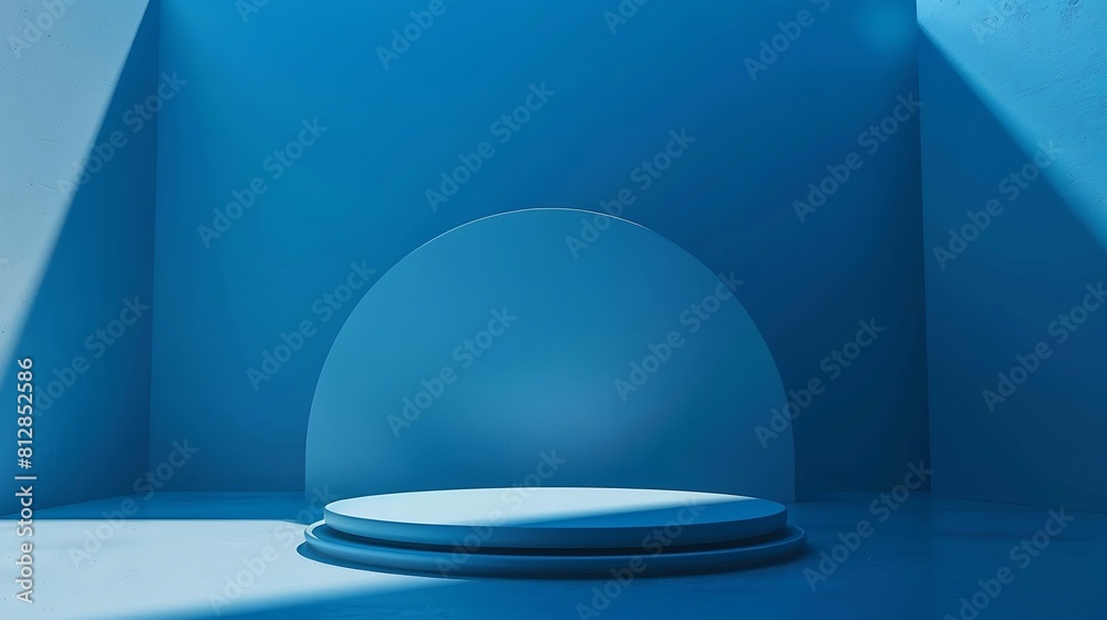 Poster Blue background for product presentation with shadows and light Empty round podium Mockup : Generative AI