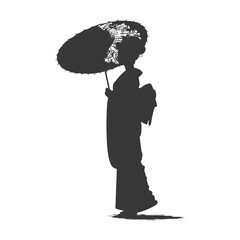 Silhouette Independent Japanese women wearing kimono with umbrella black color only