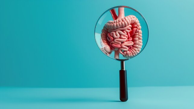Mockup of a human with internal organs and red intestines under a magnifying glass on a blue background Intestinal diseases concept ulcerative colitis and intestinal ulcer appendicitis : Generative AI