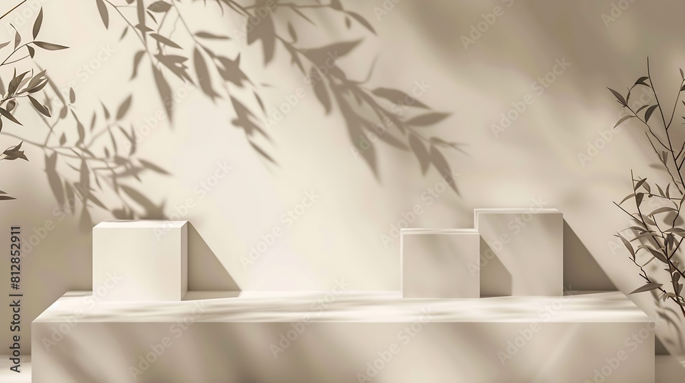 Fototapete abstract minimal nature scene empty stage with three white rectangle podiums on beige background and