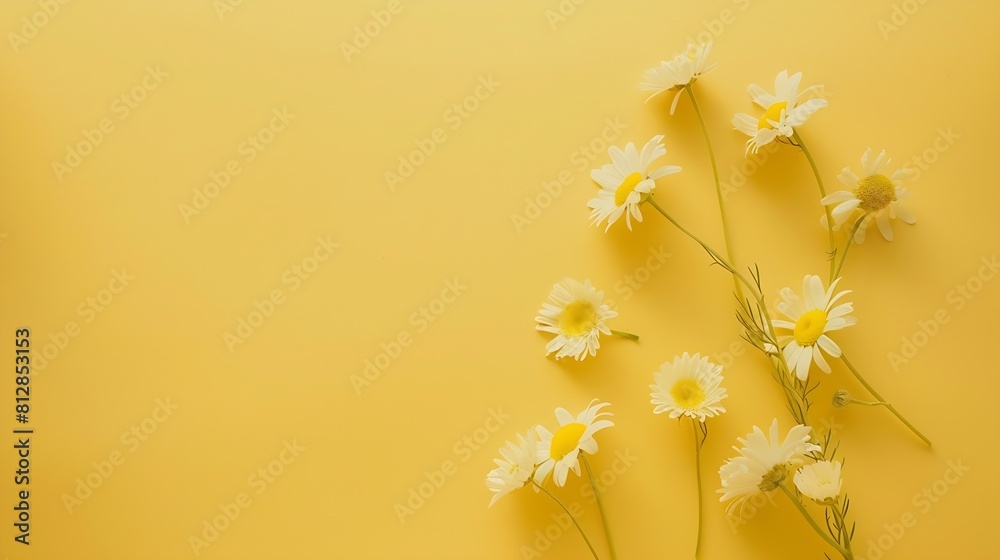 Poster flowers composition chamomile flowers on yellow background spring summer concept flat lay top view c