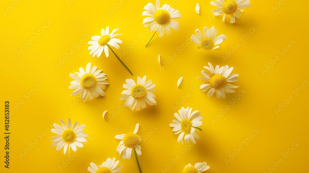 Poster flowers composition chamomile flowers on yellow background spring summer concept flat lay top view c