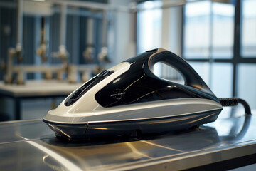An industrial steam iron with a heavy-duty soleplate, designed for continuous and rigorous ironing tasks.