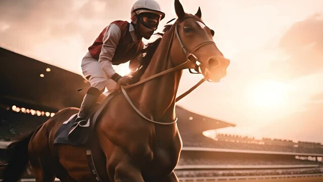 Male jockey during a horse race rides his horse at stadium