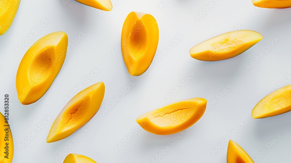 Poster creative layout made of mango on the white background flat lay food concept : generative ai