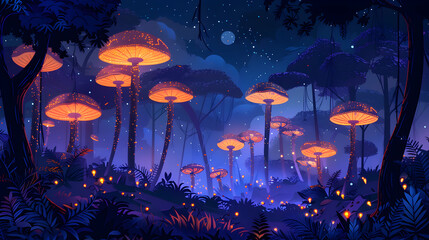 Flat Design Backdrop Night in the Tropical Rainforest Concept as Nightfall Reveals Mysterious and Vibrant Bio luminescent Life, Illustration