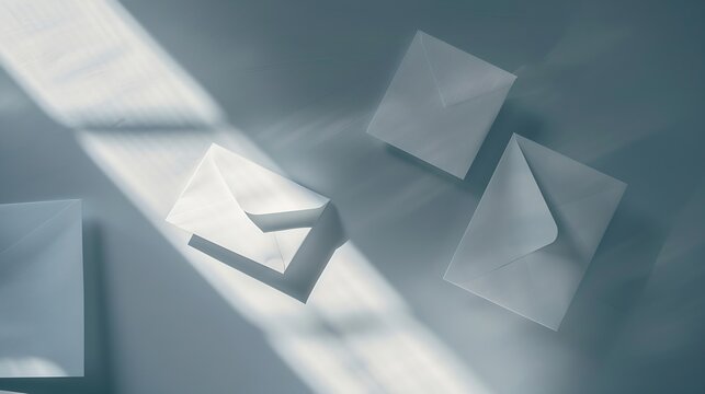 Floating envelopes and card on gray background with shadow Minimalism modern business still life creative layout : Generative AI