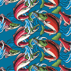 Vector Illustration of Sockeye Salmon and Waves with Vintage Illustration Available for Pattern