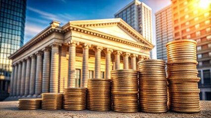 Coins with Bank or Financial Institution: A photo showing coins positioned near a bank or financial institution building, symbolizing banking services, savings, and investments.	
