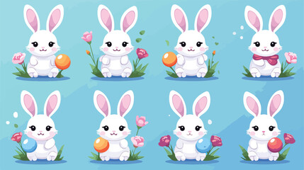 Cute cartoon easter rabbit with colored eggs flower